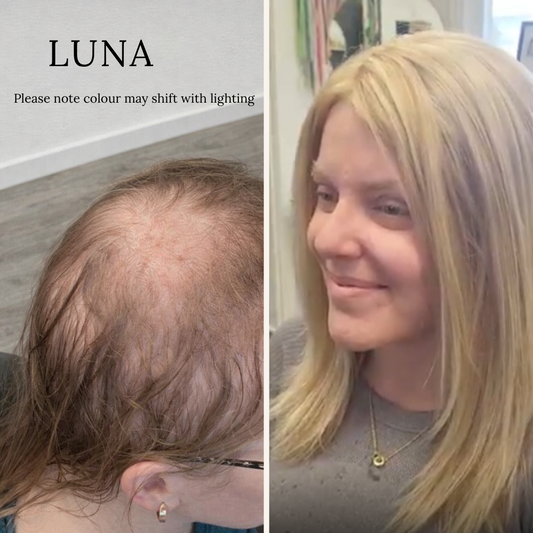 Luna wig colour shown on Kristen - before and after transformation