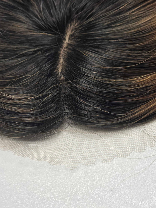 Signature Full Crown hair topper in Atlas, silk top and lace detail